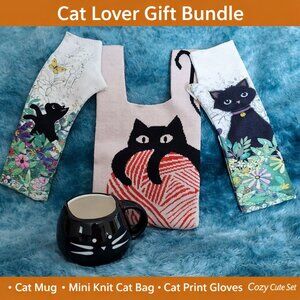 Cat Lover Gift Bundle Cat Mug Mini Knit Cat Bag Cat Print Gloves Cozy Cute Set